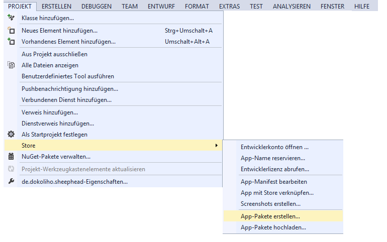 Menüpfad zur Erstellung des App-Pakets